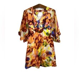 Maeve Anthropologie Deloria 100% Silk Orange Floral Watercolor Cutout Dress Sz 0